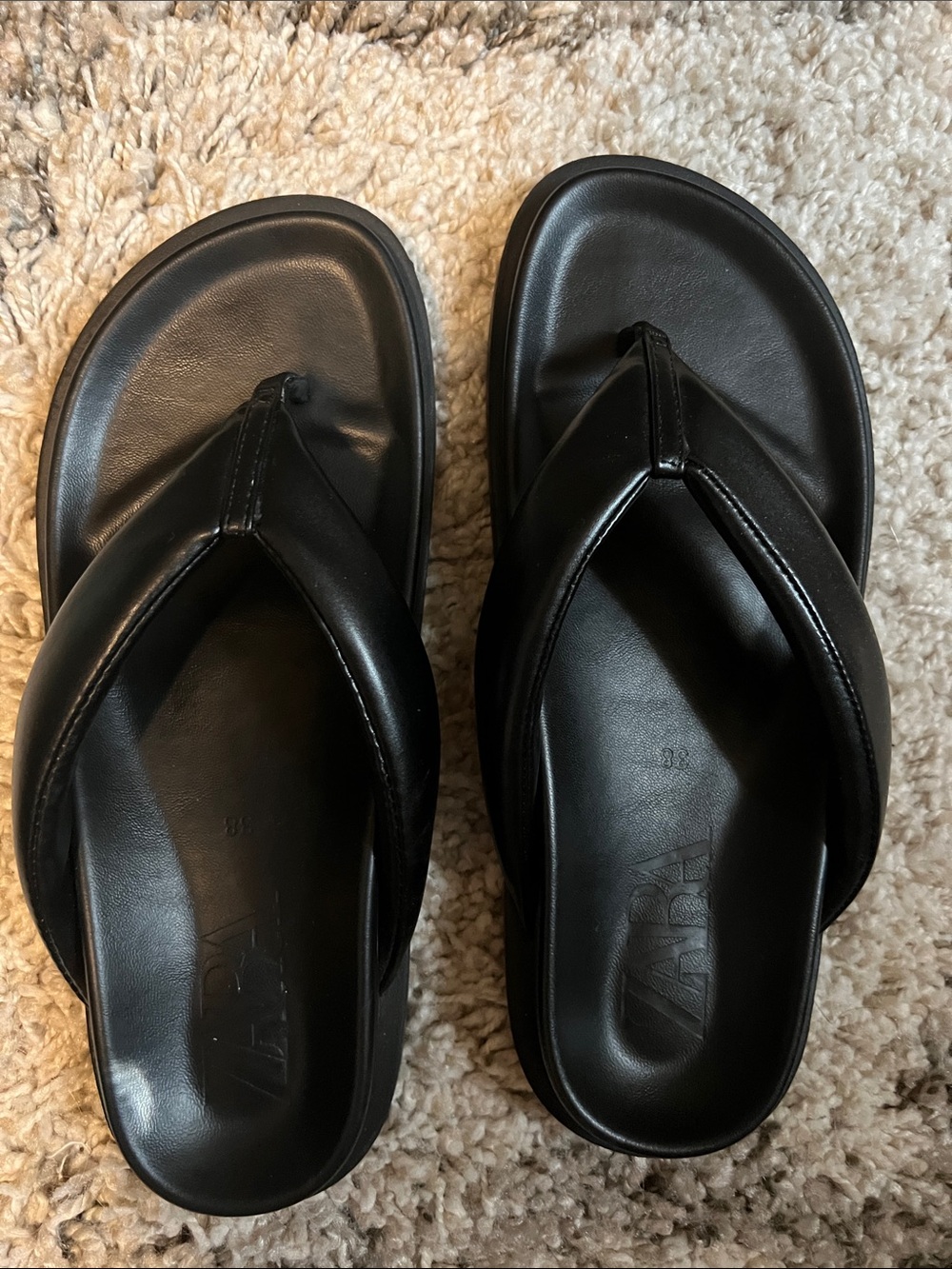 ZARA Black Padded Leather Flip Flops